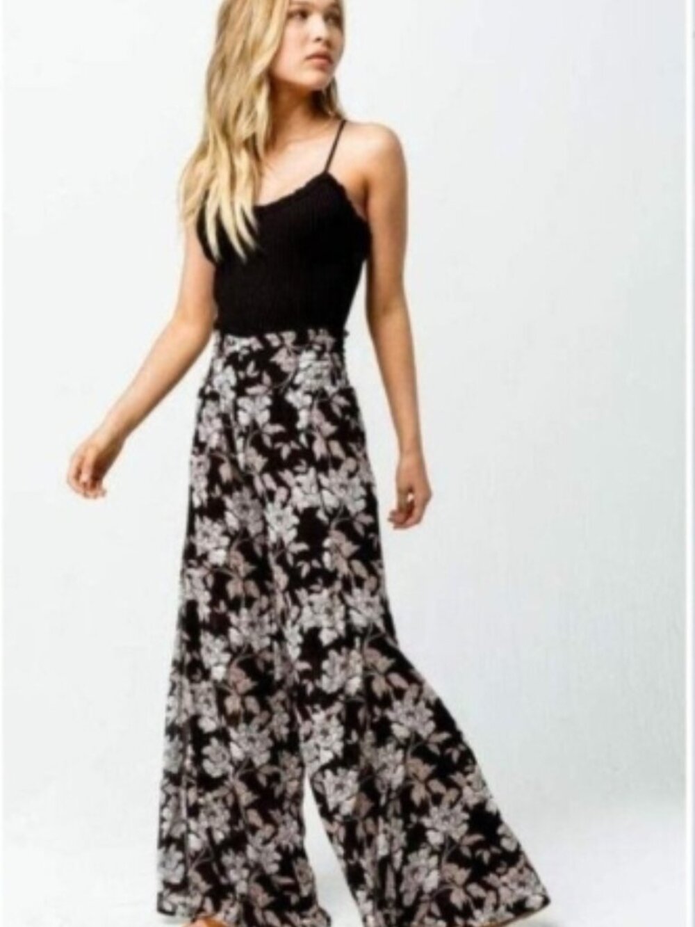 Dahui Hawaii Linen Pants L NWT Black Floral Wide Leg Smocked High Waist Yoga